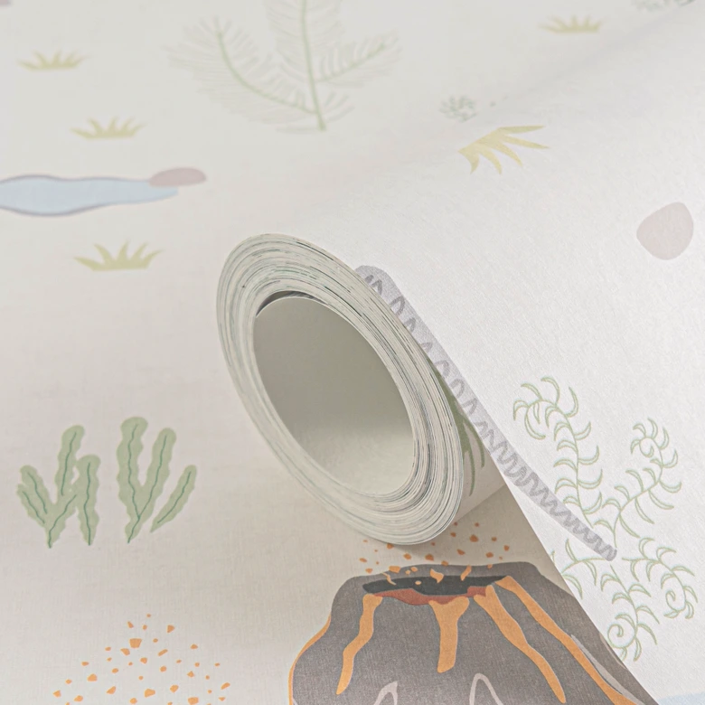 Dinosaurier-Tapete Bunt auf Beige - Vliestapete mit Vulkan und Urzeit-Motiv 