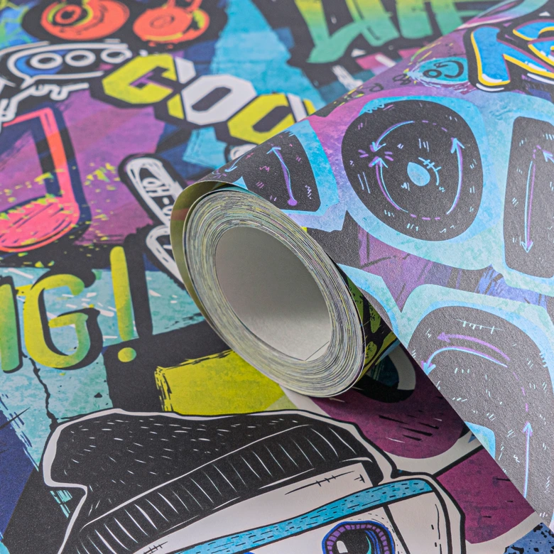 Graffiti-Tapete bunt Comic-Stil - Mustertapete Streetart Look 