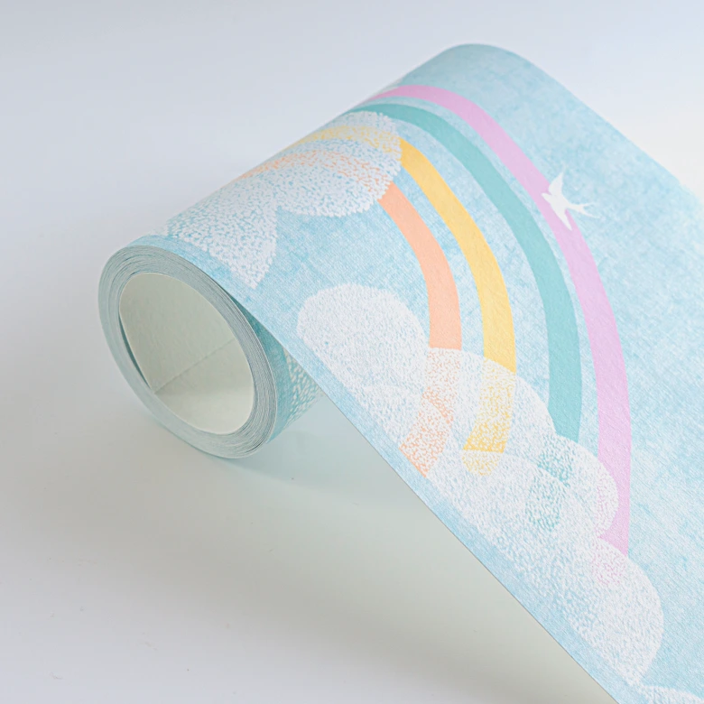 Borte mit Regenbogen und Wolken Blau Bunt - Kinderzimmer Bordüre mit Vögeln 
