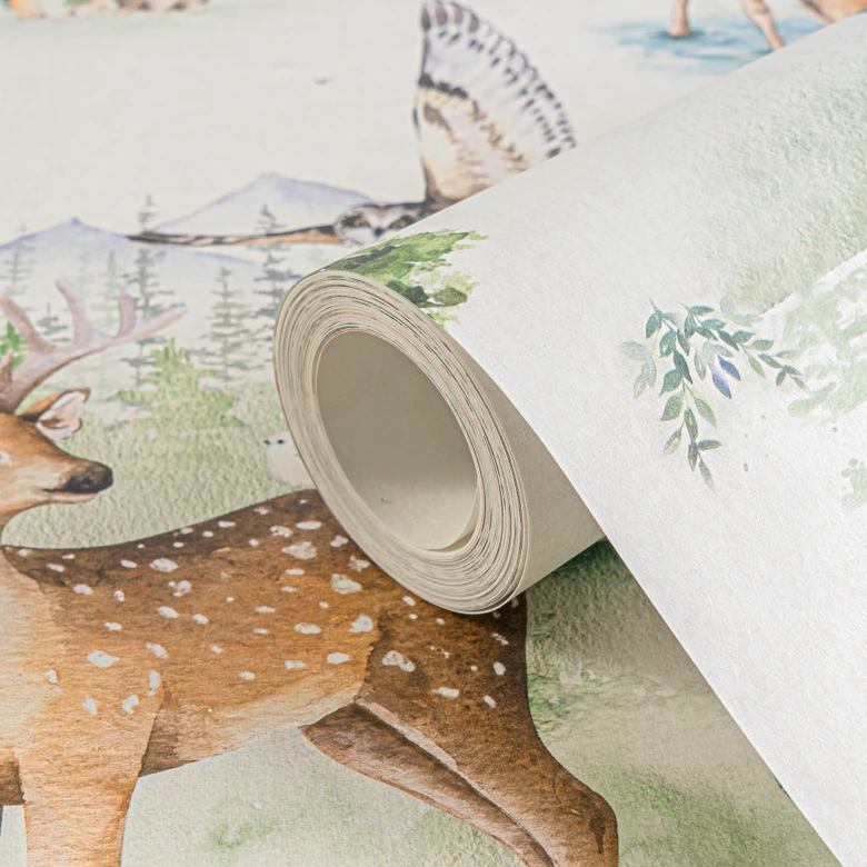 Bosdieren behang aquarel look groen beige - kinderkamer behang dieren 