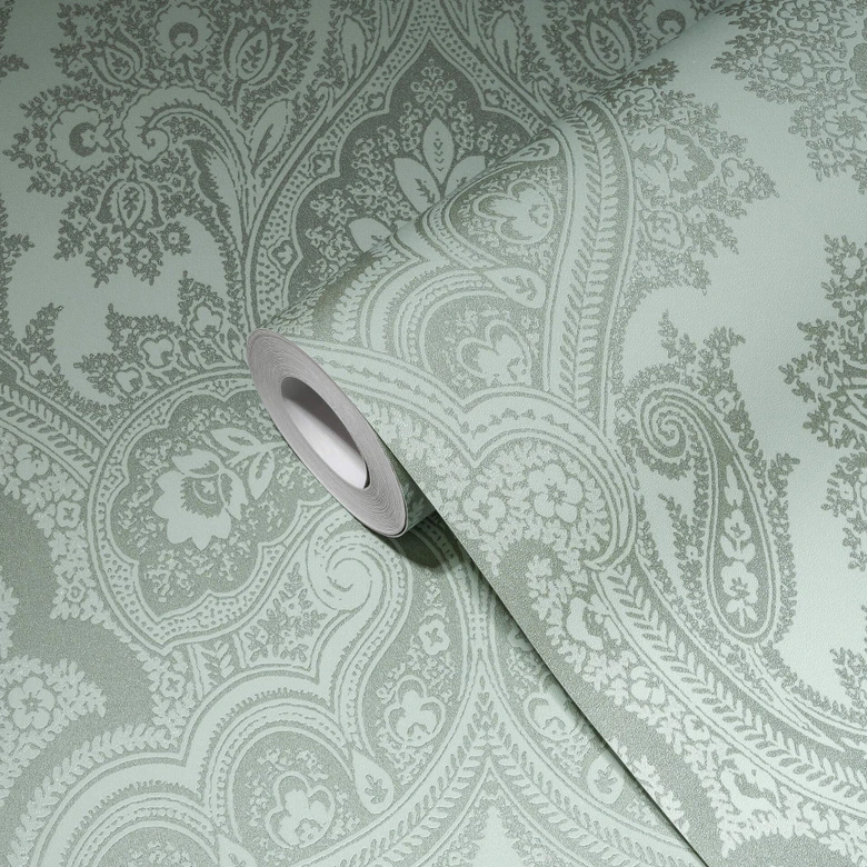 Livingwalls Paisley Tapete My Home My Spa Vliestapete Romantic Home eukalyptus, grün, silber 