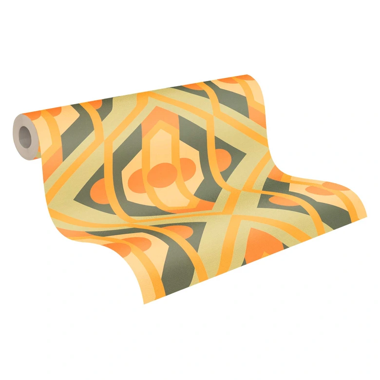 Vliestapete Retro-stil Grün Gelb - Abstrakte Mustertapete - Vintage Tapete 