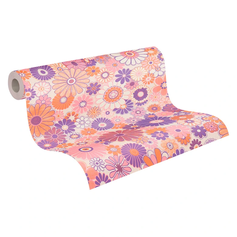Papier peint fleuri lilas orange - papier peint floral style rétro - papier peint intissé vintage 
