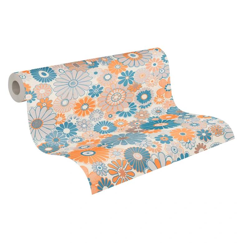 Vintage blommig tapet blå orange - blommig tapet i retrostil - non-woven tapet 