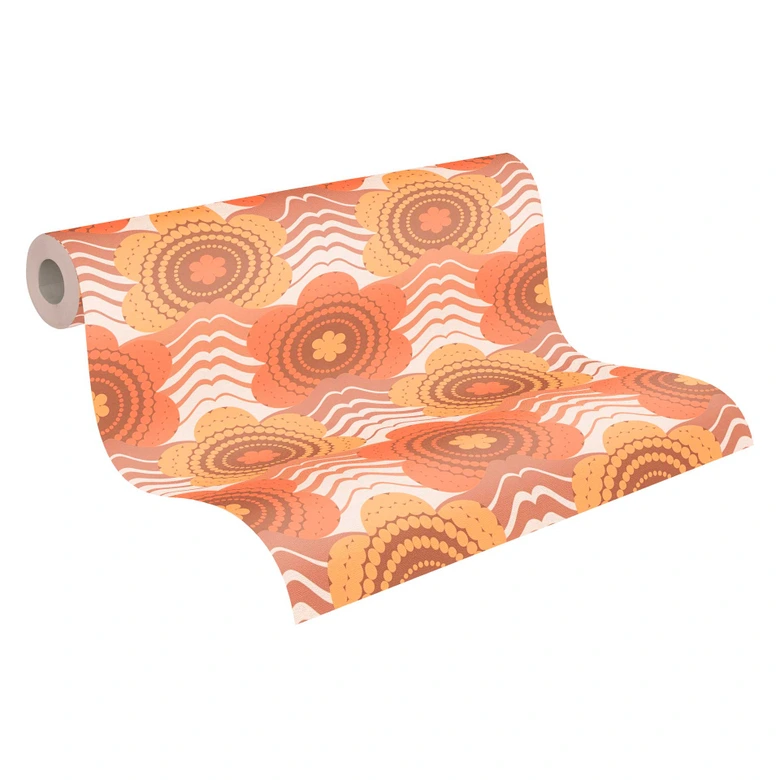 Non-woven wallpaper with flowers brown orange - floral retro wallpaper - vintage wallpaper 