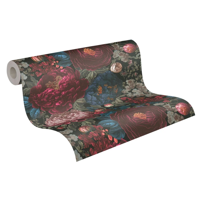 Papier peint floral avec pivoines noir bordeaux - papier peint à fleurs 