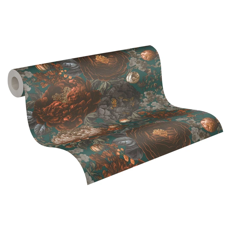 Floral wallpaper with peonies petrol brown - non-woven wallpaper vintage style 