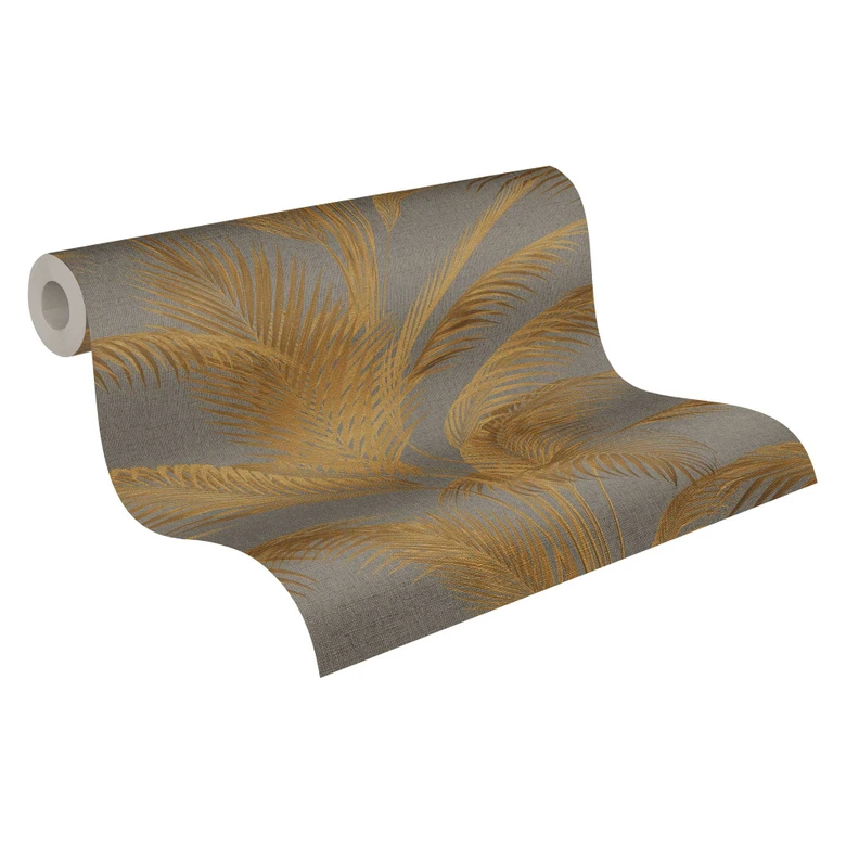 Grey gold palm tree wallpaper - non-woven wallpaper with a sophisticated sheen and tropical design 