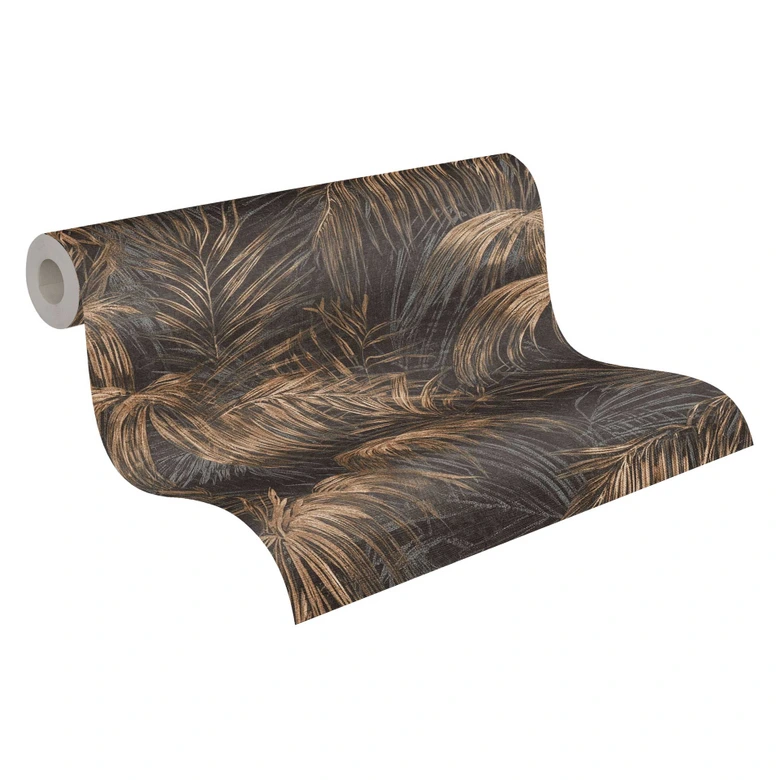 Black and gold palm tree wallpaper - non-woven wallpaper with a tropical sample and elegant sheen 