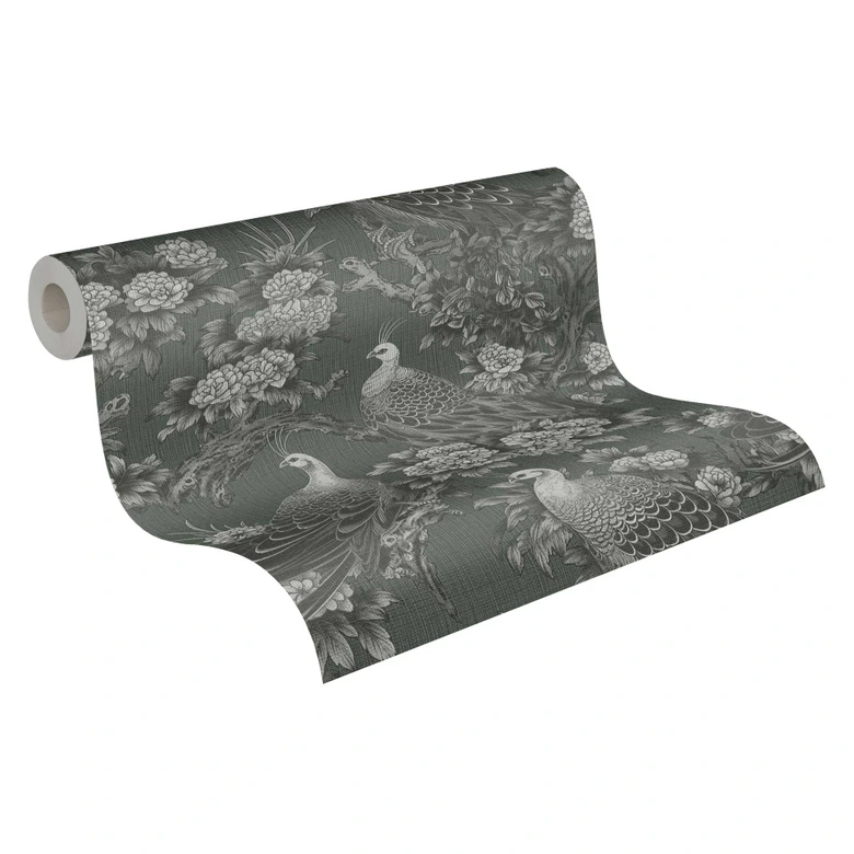 Bird wallpaper gray black - non-woven wallpaper with exotic peacocks and floral motif 