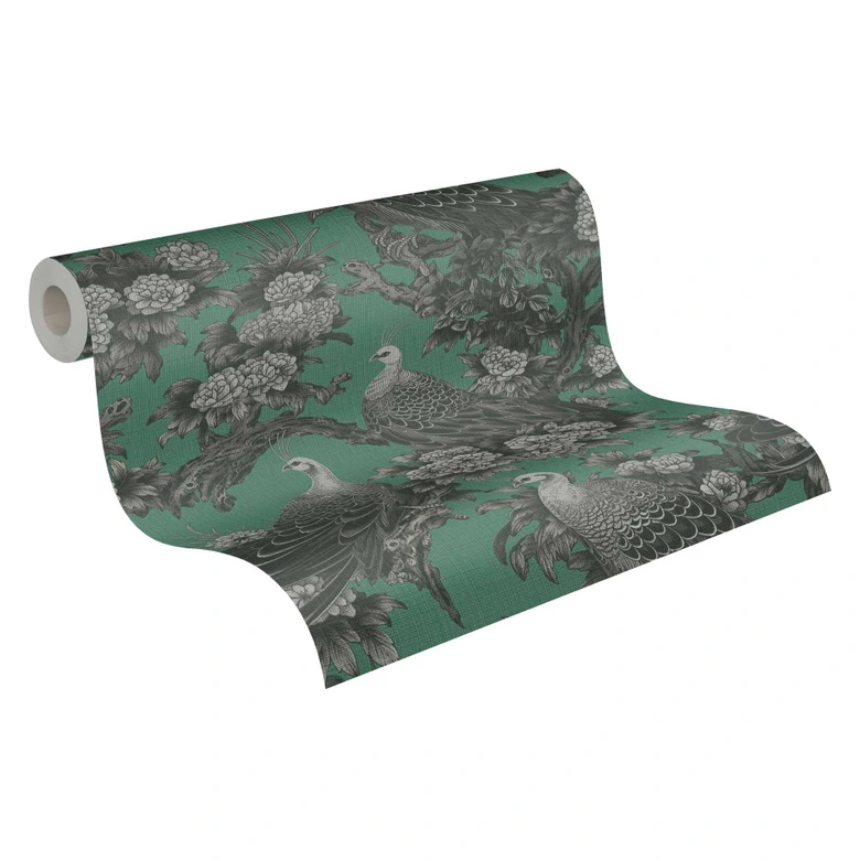 Bird wallpaper green black - non-woven wallpaper with exotic peacocks and floral samples 