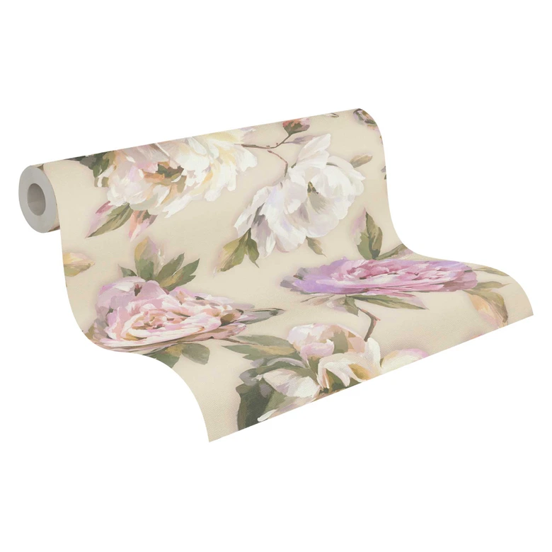 Florale Tapete mit Pfingstrosen Beige Rosa – Romantische Blumentapete – Vliestapete 