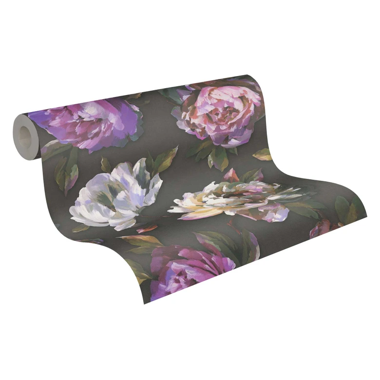 Florale Tapete mit Pfingstrosen Schwarz Lila – Elegante Blumentapete – Vliestapete 