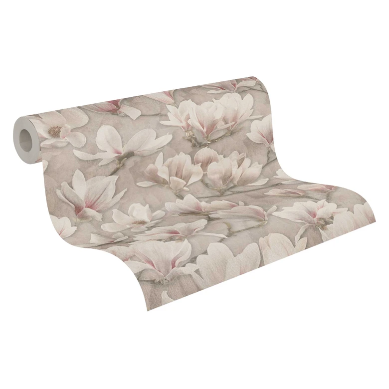 Magnolia tapet beige rosa - blommönster tapet med blommor - Icke-vävd tapet 