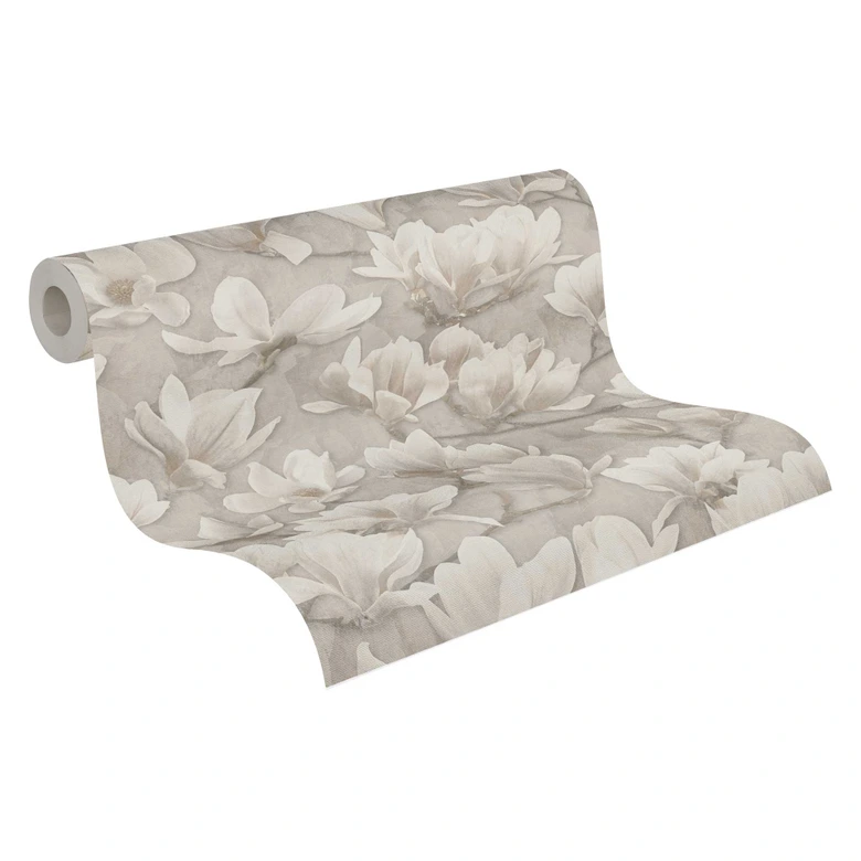Papel pintado Magnolia beige crema - Papel pintado no tejido con motivo floral - Papel pintado floral 
