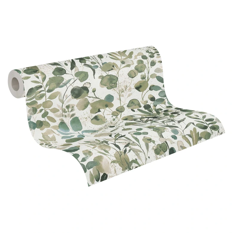 Tapeta roślinna akwarela zielona biała - Tapeta z włókniny z motywem liści - tapeta w kwiaty 