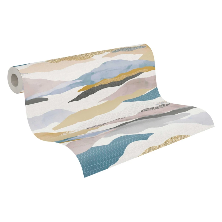 Abstrakte Tapete Berge Aquarell - Vliestapete in Beige Blau Grau - Mustertapete 