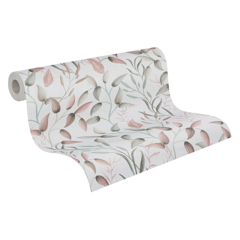Florale Tapete Blätter Aquarell - Vliestapete in Rosa Grün Beige - Pflanzen-Tapete 