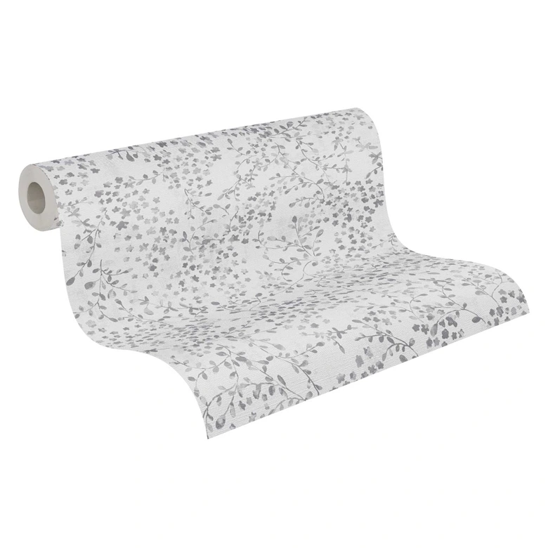 Blommig tapet blad rankor akvarell - Icke-vävd tapet i gråvitt - elegant mönster tapet 