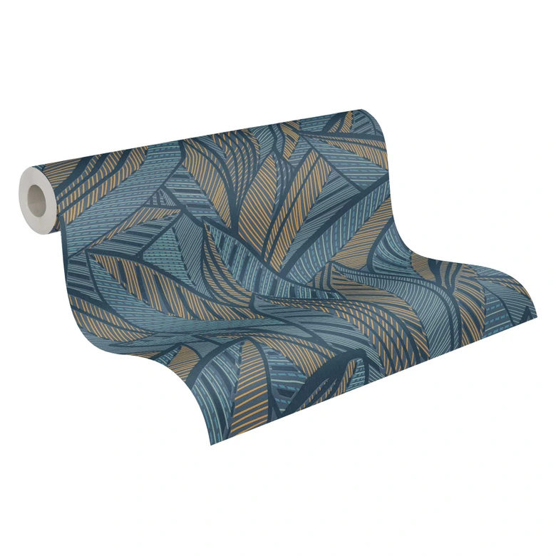 Papier peint jungle avec motif de feuilles bleu or - Papier peint intissé exotique moderne & expressif 