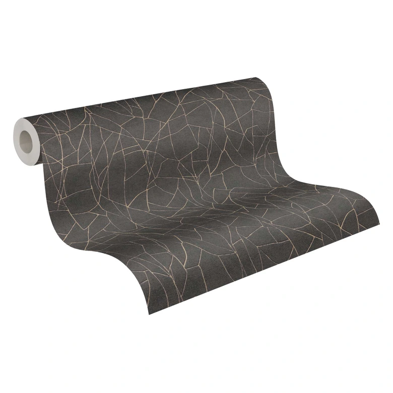 Vliesbehang met abstract patroon in zwart en goud - modern vliesbehang met een elegant lijnenpatroon 