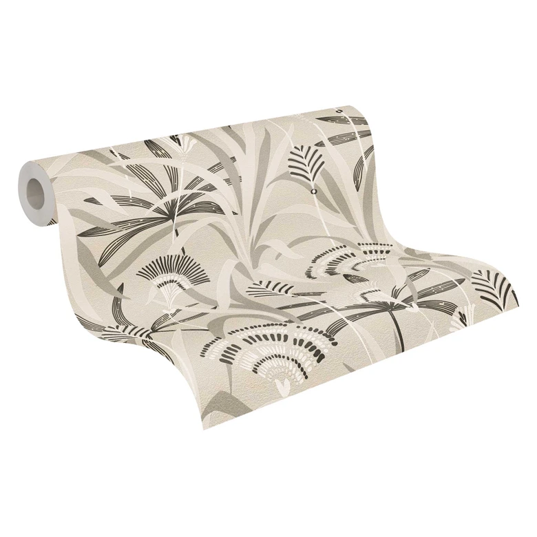 Beige och svart växt tapet - Icke-vävd tapet med ett exotiskt bladmönster 