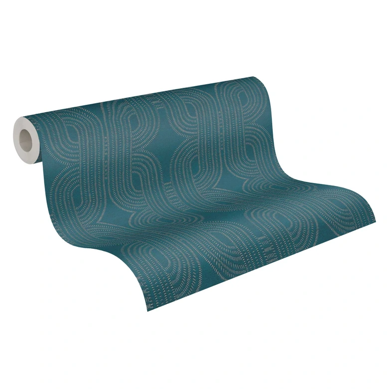 Papier peint géométrique pétrole argenté - papier peint intissé avec motif à lignes modernes - vinyle expansé 