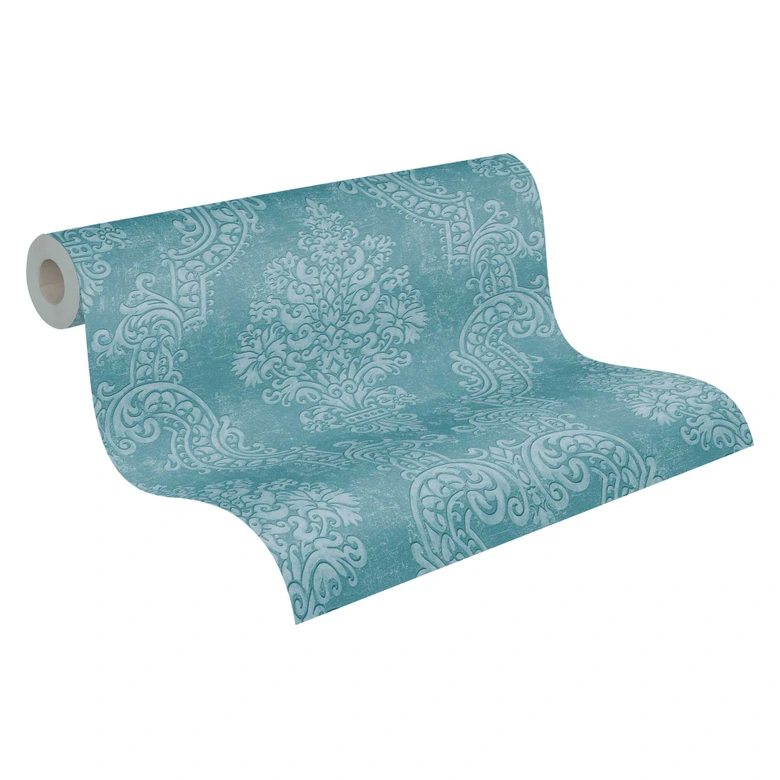 Papel pintado azul turquesa ornamental barroco - Papel pintado no tejido clásico con relieve - Papel pintado de muestra  