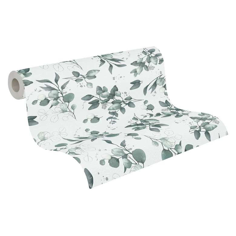 Florale Aquarell-Tapete Grün Grau – Vliestapete mit Blättern – Botanisches Muster 