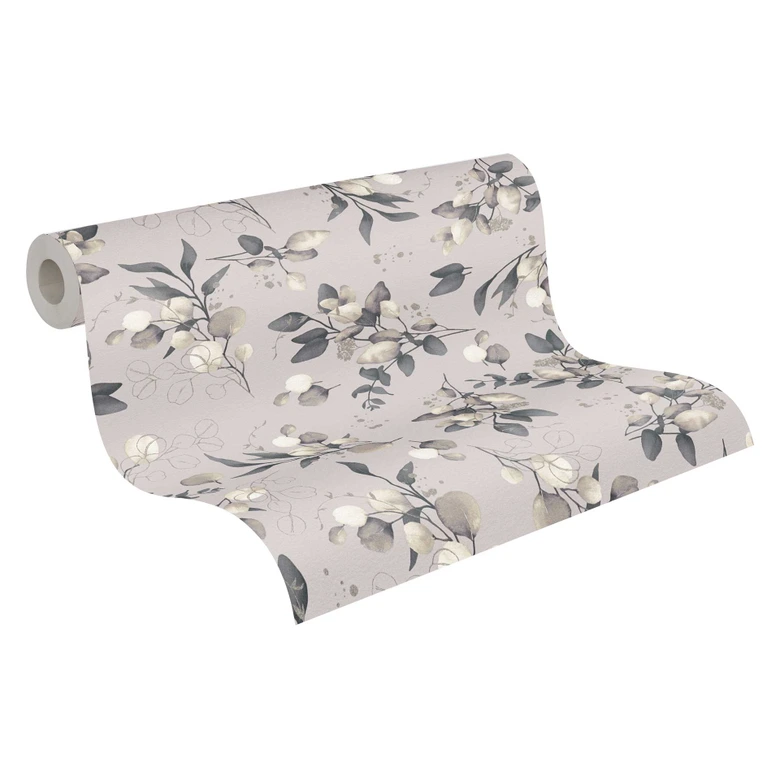 Florale Aquarell-Tapete Taupe Beige – Vliestapete mit Blättern – Naturmuster modern 