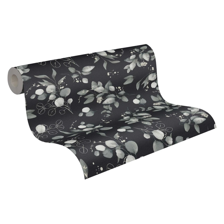 Florale Aquarell-Tapete Schwarz Grau – Vliestapete mit Blättern – Elegantes Naturmotiv 