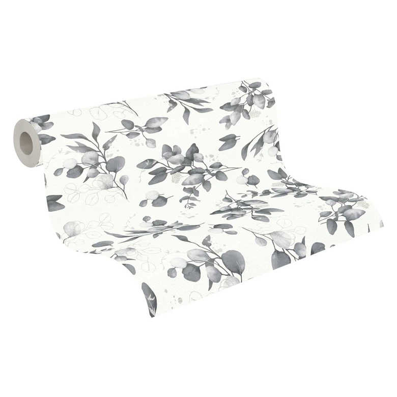 Bloemen aquarel behang wit grijs - Vliesbehang met bladeren - licht patroon behang modern 