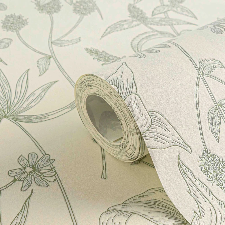 papier peint design Jette papier peint à fleurs en vert argent blanc en mat légèrement structuré 