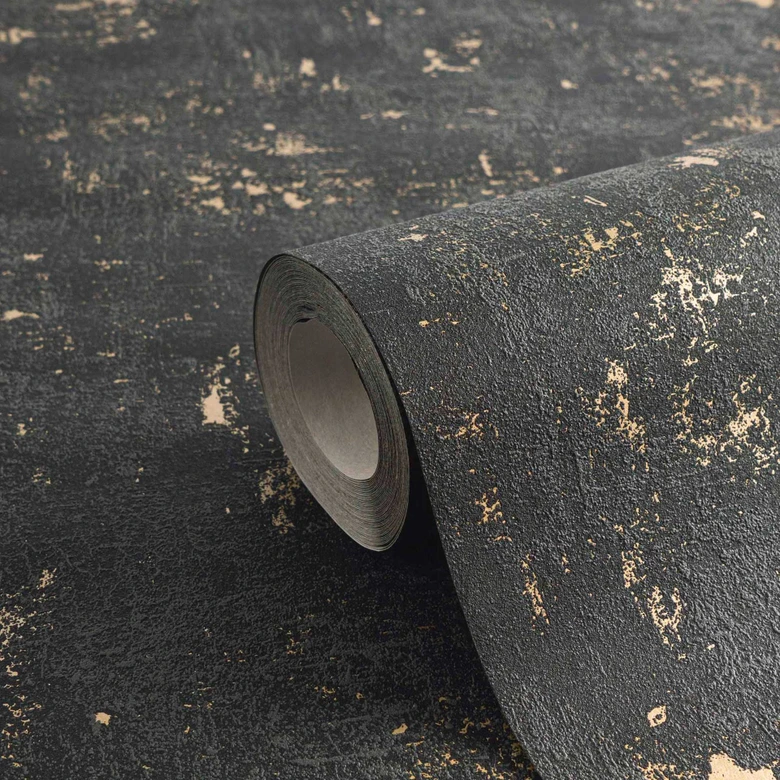 Tapete Schwarz Gold Metallic glänzend Vliestapete used look Vintage Wohnzimmer von A.S. Création 