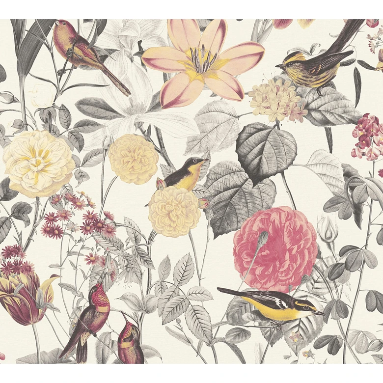 A.S. Création Exotic Life Papier peint floral, Rouge, Jaune, Gris 