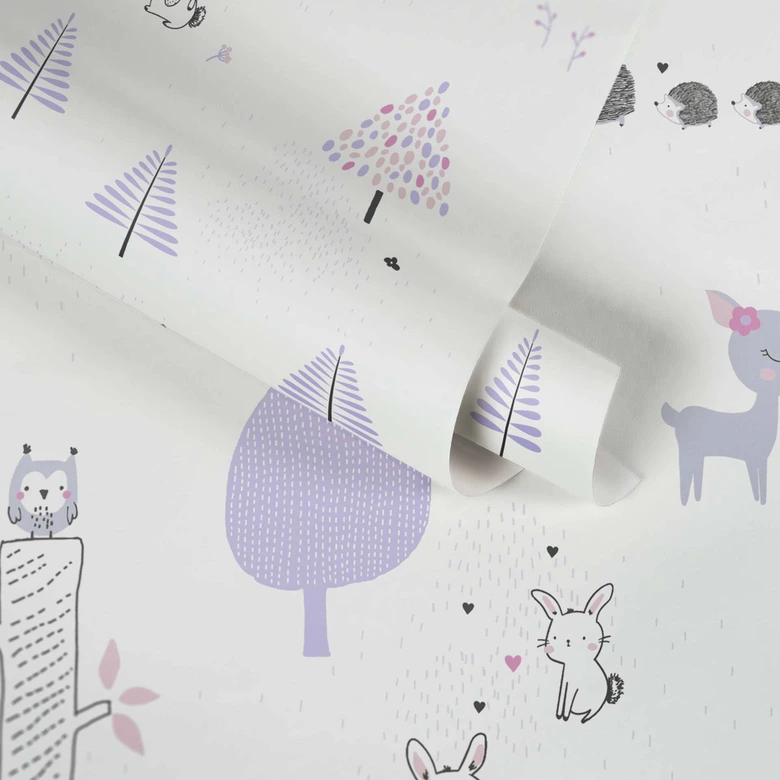 A.S. Création Kinderzimmertapete Little Love Vliestapete mit niedlichen Wald Tieren lila, weiß, grau, schwarz 