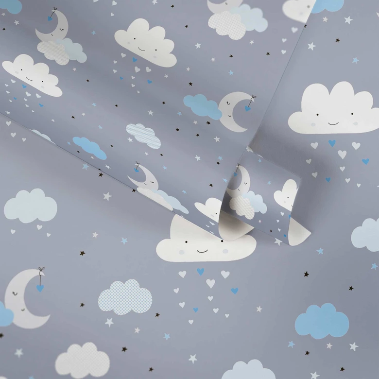 Magical night sky: nursery wallpaper with clouds and stars in blue and grey 