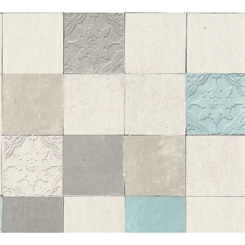 Livingwalls non-woven tapet Nya väggar Finca Home kakel tapet blå, grädde, grå 