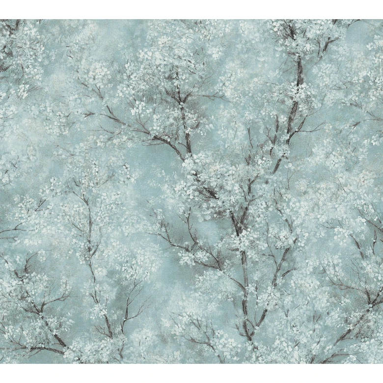 Vliestapete Kirschblüten Baum Natur Tapete Äste Wald floral modern Türkis Grün New Walls 