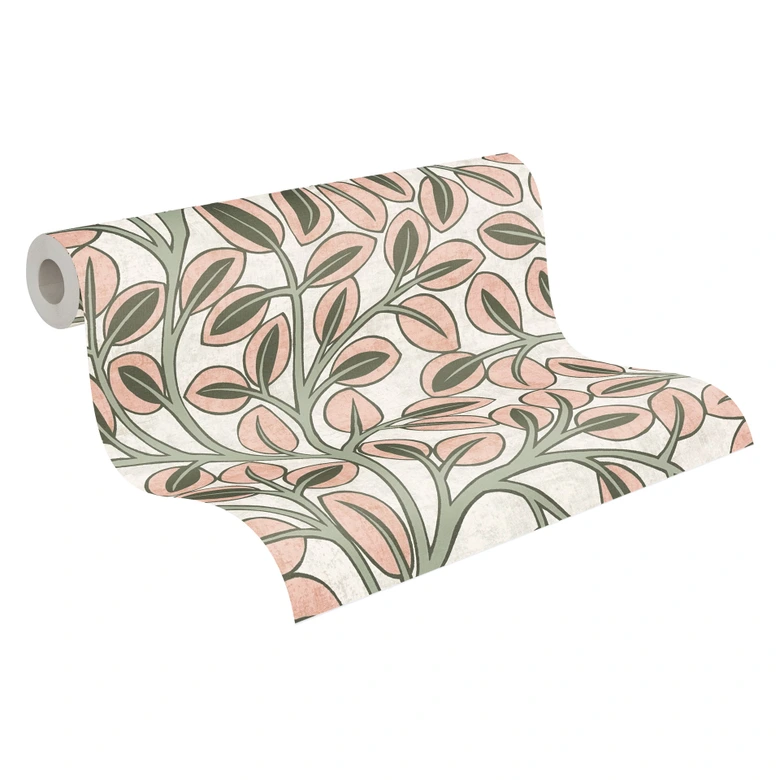 Elegante papel pintado no tejido - sutil diseño de hojas en tono crudo y natural 
