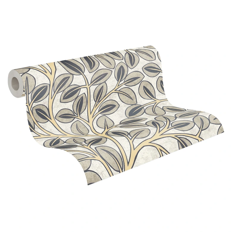 Tapete aus Vlies grafisch - dezentes Blätterdesign in Taupe & Naturton 