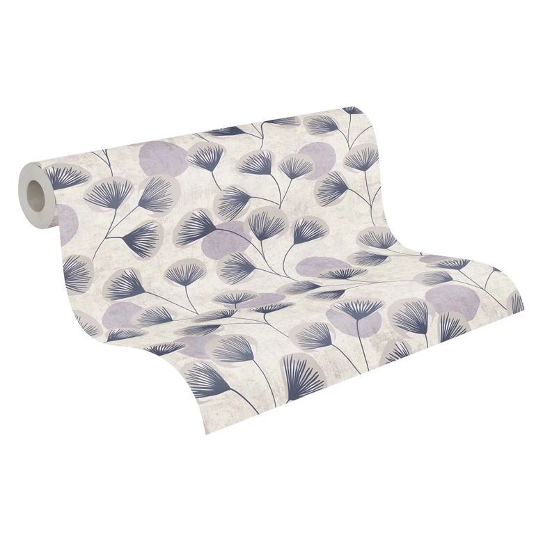 Papier peint intissé imitation béton - dessin de feuilles discret en gris & ton naturel 