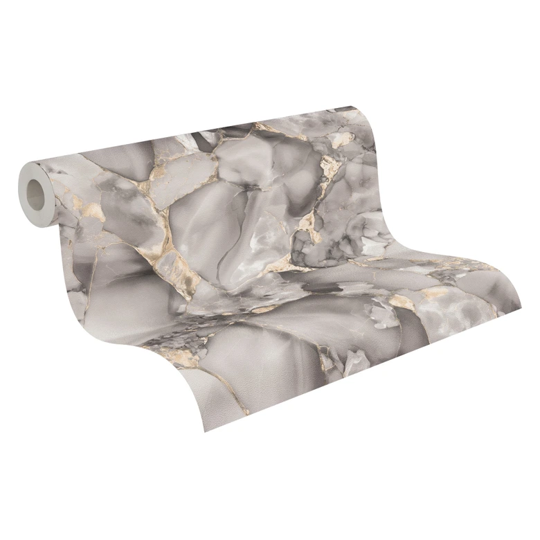 Papier peint marbré Gris Beige Or - Papier peint intissé aux accents métalliques moderne 