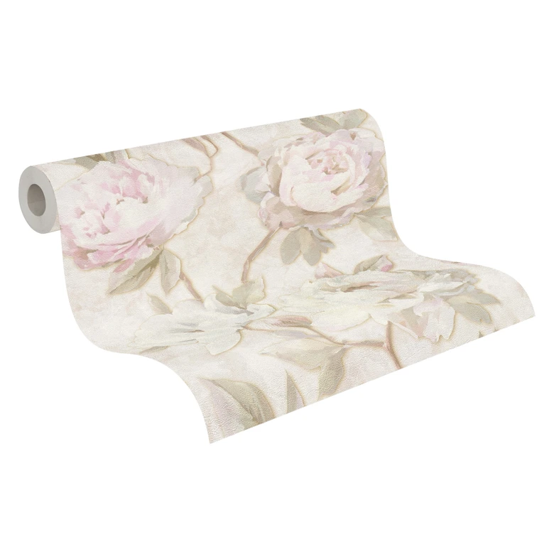 Papier peint floral pivoines rose beige - papier peint intissé style aquarelle - vintage 