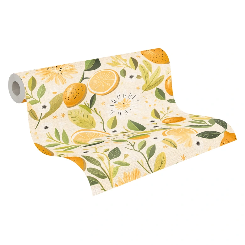 Papier peint citron Beige Jaune Vert - Papier peint intissé motif fruits méditerranéen 