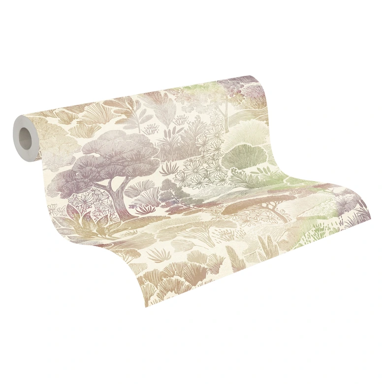 Papier peint paysage pastel beige vert - Papier peint intissé botanique illustré 