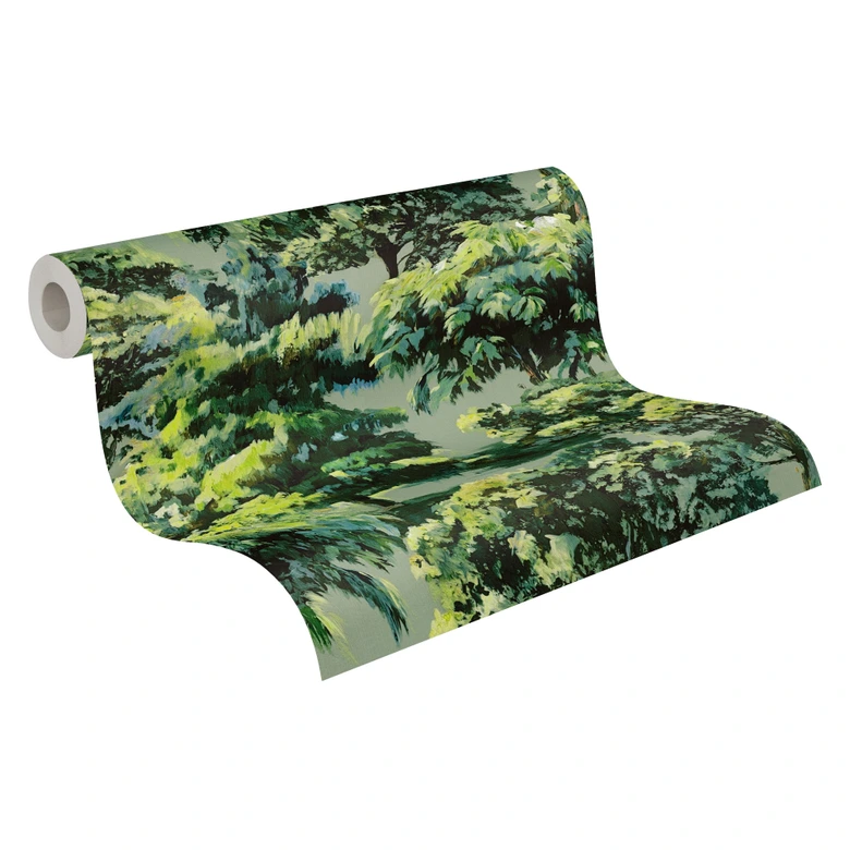 Papier peint intissé avec des arbres impressionnistes dans les tons de vert sur fond vert 