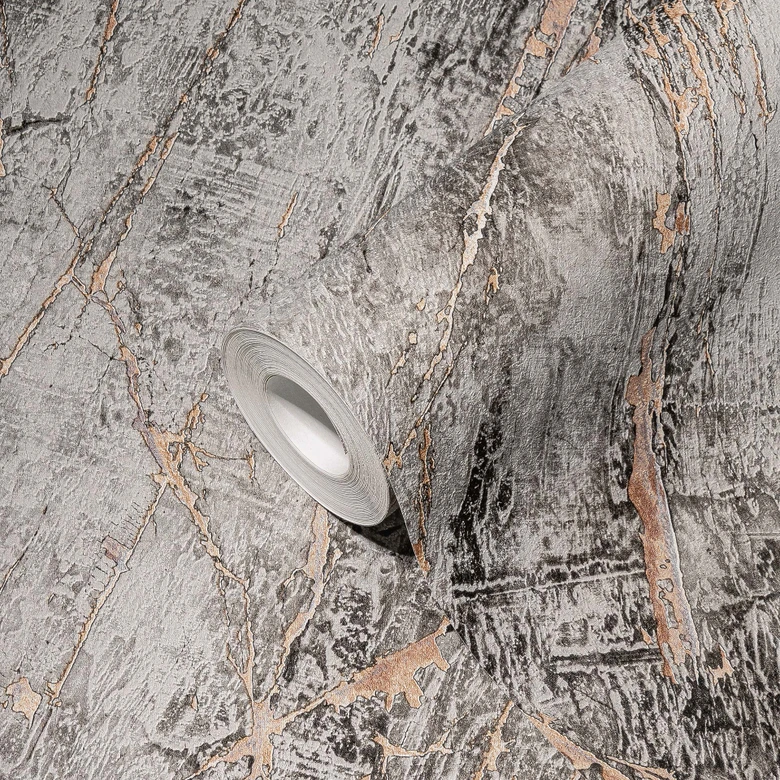 Vliestapete Marmor Stein Grau Kupfer Tapete Marmoroptik Designtapete Wohnzimmer 