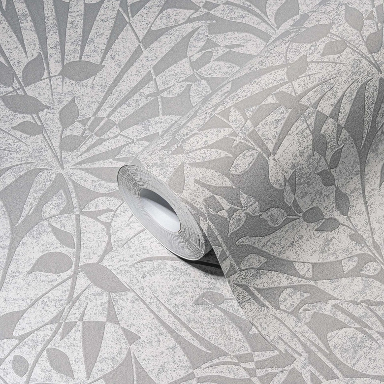 Dschungel Tapete Grau Silber Metallic-Effekt Vliestapete Blätter Wohnzimmer 