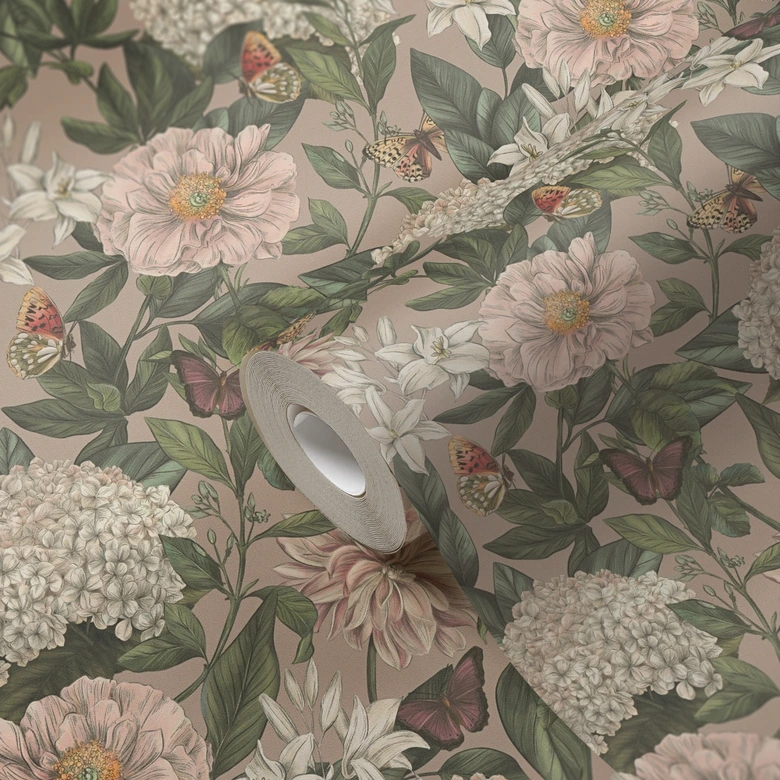 Blumen-Tapete mit Schmetterlingen Rosa Grün - Vliestapete mit hellen Blüten 